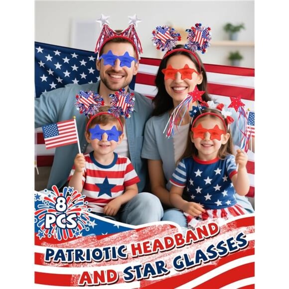8-Piece Patriotic Party Set – USA Glasses & Star Headbands - Picture 2 of 7